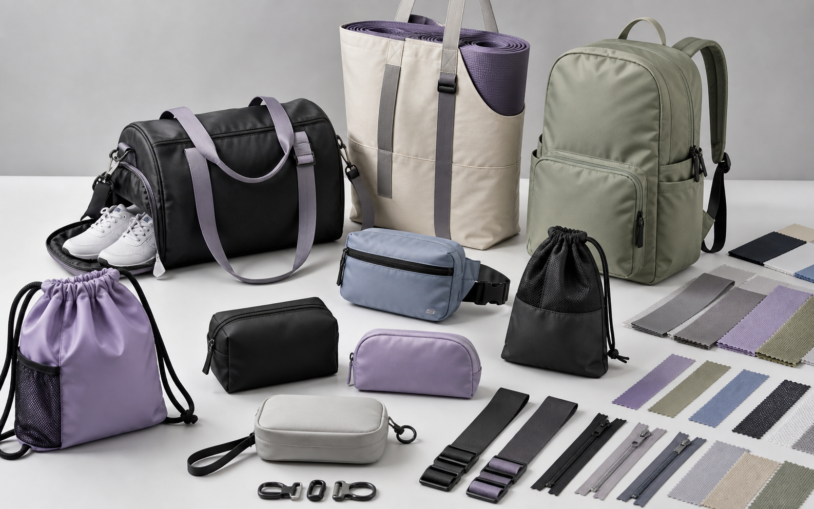 Custom gym duffel, yoga tote, running pouch, commuter backpack and accessory pouch samples with fabric swatches