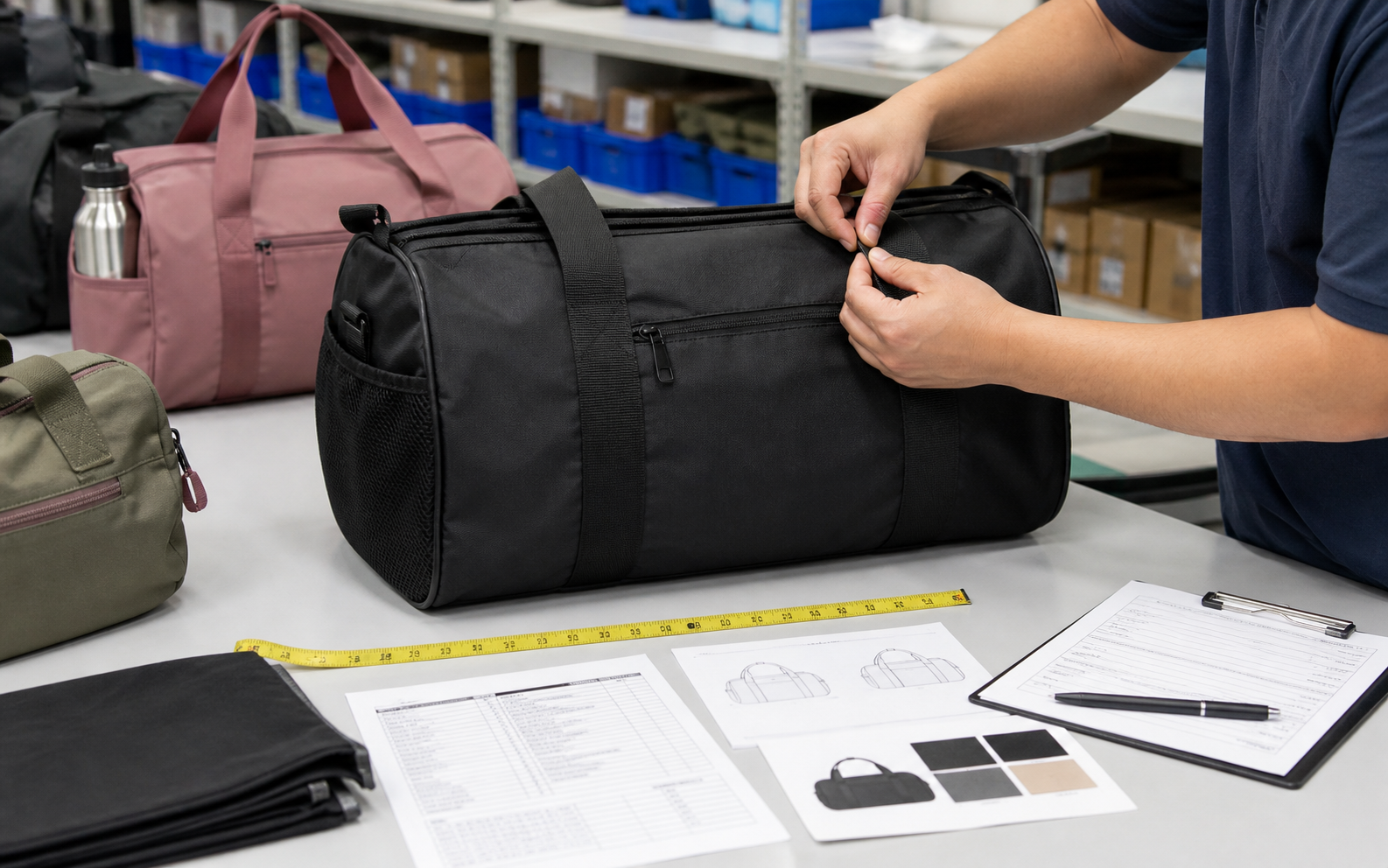 Custom sports bag quality inspection with stitching, zipper, measurement and approved sample checks