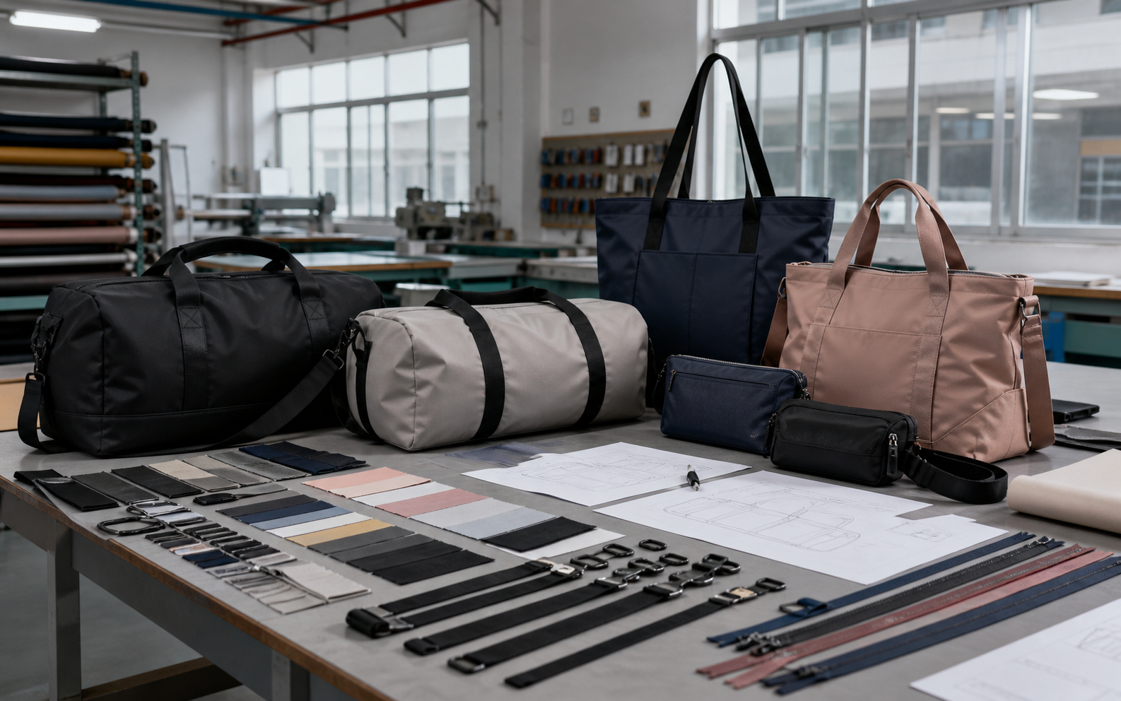 Custom sports and fitness bag samples with fabric swatches, trims and hardware prepared for factory quotation