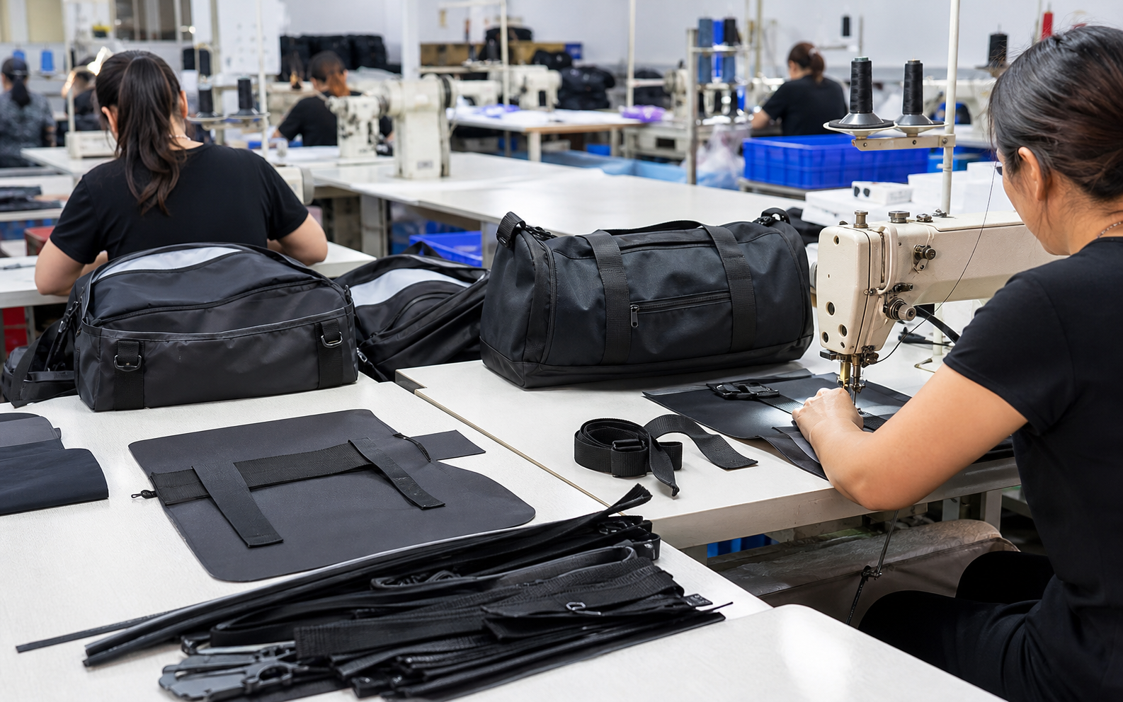 Custom sports bag sewing production process with cut panels, webbing straps, zippers and unfinished gym bags